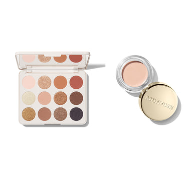 Chromaplus 12 Pan Solo Artist open eyeshadow palette with 12 warm neutral shades alongside a MORPHE eye primer pot with gold lid engraved MORPHE. | Prime & Pigment Duo