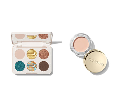 Morphe Chromaplus 6 Pan Solo Artist open eyeshadow palette with 6 shades alongside an eye primer pot with MORPHE engraved gold lid. | The Eye Prep & Play Bundle