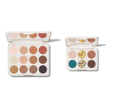 Morphe Chromaplus Double Feature open eyeshadow palettes showing a 12-pan and 6-pan compact, both with MORPHE engraved, in warm neutrals and vibrant teal-gold shades. | ChromaPlus Double Feature
