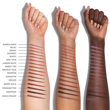 Signature Lip Pencil Bundle arm swatches across three skin tones showing shades Bubble Bath, Wifey, Honey, Dearest, Spiffy, Girl Talk, Junior Suite, Sweet Tea, Makeup Talk, Whipped, Sugar Pie, Brulee, Berry Cola, Trendsetter, Nightcap, and Rock Steady.