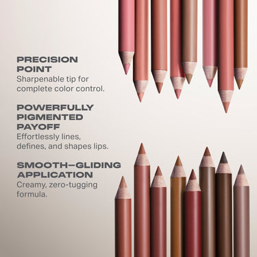Signature Lip Pencil benefits infographic showing multiple shades with callouts: PRECISION POINT Sharpenable tip for complete color control. POWERFULLY PIGMENTED PAYOFF Effortlessly lines, defines, and shapes lips. SMOOTH–GLIDING APPLICATION Creamy, zero-tugging formula.