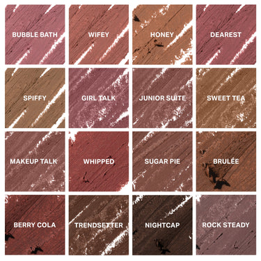 Signature Lip Pencil Bundle shade smear grid showing all 16 shades: Bubble Bath, Wifey, Honey, Dearest, Spiffy, Girl Talk, Junior Suite, Sweet Tea, Makeup Talk, Whipped, Sugar Pie, Brulée, Berry Cola, Trendsetter, Nightcap, and Rock Steady.