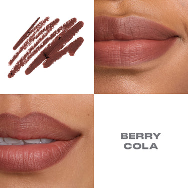 {Berry Cola} Signature Lip Pencil macro swatch and two model lip close-ups showing the muted mauve-brown shade, with "BERRY COLA" text.
