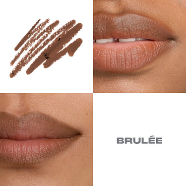{Brulee} Signature Lip Pencil macro swatch and two model lip close-ups showing the warm nude-brown shade BRULÉE.