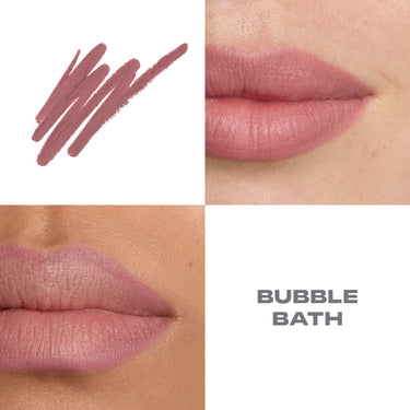 {Bubble Bath} Morphe Signature Lip Pencil shade swatch and two lip macro shots showing "BUBBLE BATH" in a rosy mauve tone.