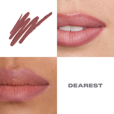 {Dearest} Morphe Signature Lip Pencil in Dearest — mauve-rose swatch and lip macro shots on two skin tones with shade name "DEAREST."