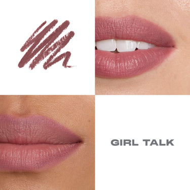 {Girl Talk} Signature Lip Pencil shade macro grid showing a mauve-pink swatch and two close-up lip shots labeled GIRL TALK.