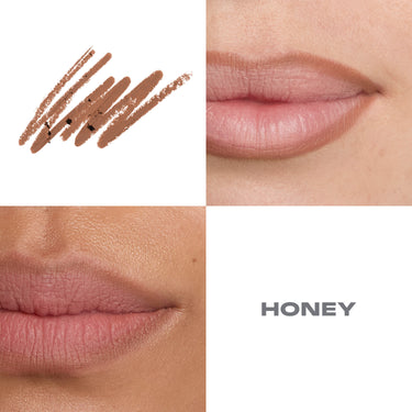 {Honey} Signature Lip Pencil shade swatch and two lip model close-ups showing the warm nude tone, with "HONEY" text.