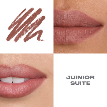 {Junior Suite} Morphe Signature Lip Pencil macro collage showing mauve-nude color swatch and two close-up lip shots, labeled "JUINIOR SUITE."
