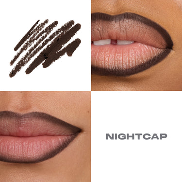 {Nightcap} Signature Lip Pencil macro swatch and two lip close-ups showing deep chocolate brown liner labeled NIGHTCAP.