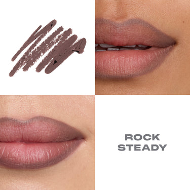 {Rock Steady} Morphe Signature Lip Pencil shade Rock Steady swatch and two lip macro close-ups showing a cool-toned mauve finish.