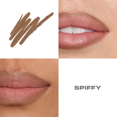 {Spiffy} Signature Lip Pencil shade swatch and two lip model close-ups showing the warm mauve-brown tone, labeled SPIFFY.