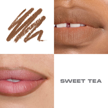 {Sweet Tea} Signature Lip Pencil swatch and two lip macro shots showing the warm brown nude shade, labeled SWEET TEA.