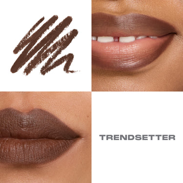 {Trendsetter} Morphe Signature Lip Pencil in Trendsetter — deep chocolate brown shade swatch and two lip macro close-ups labeled TRENDSETTER.