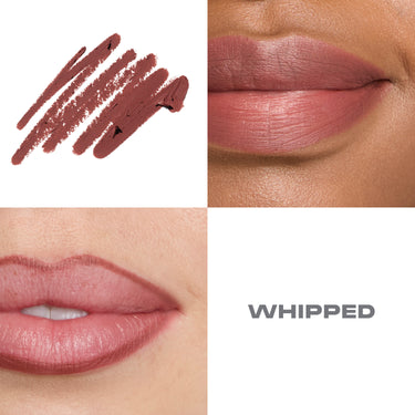 {Whipped} Signature Lip Pencil in Whipped shown as a swatch and on two models