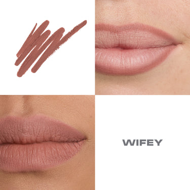 {Wifey} Signature Lip Pencil macro swatch and two model lip close-ups showing the muted mauve-rose shade, labeled "WIFEY."