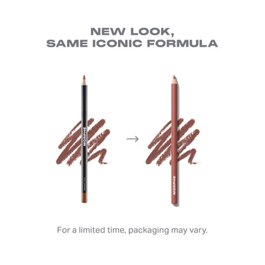 Morphe Signature Lip Pencil new packaging comparison showing old black pencil and new nude pencil with text "NEW LOOK, SAME ICONIC FORMULA" and "For a limited time, packaging may vary."