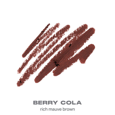 {Berry Cola} Signature Lip Pencil shade swatch in rich mauve brown with text "BERRY COLA rich mauve brown."