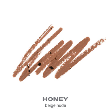 {Honey} Signature Lip Pencil shade swatch in warm beige nude with text "HONEY beige nude".