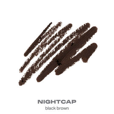 {Nightcap} Signature Lip Pencil shade swatch in black brown with text "NIGHTCAP black brown."