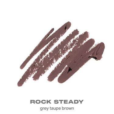 {Rock Steady} Signature Lip Pencil shade swatch in grey taupe brown with text "ROCK STEADY grey taupe brown."