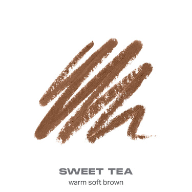 {Sweet Tea} Signature Lip Pencil shade swatch in warm soft brown, with text "SWEET TEA warm soft brown."