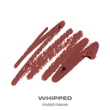 {Whipped} Signature Lip Pencil shade swatch in muted mauve with text "WHIPPED muted mauve."