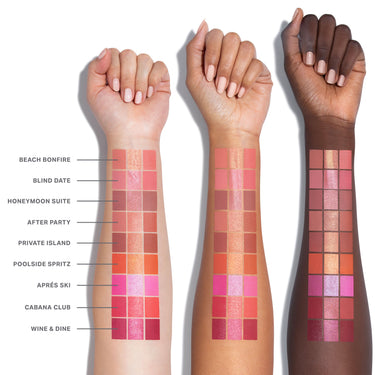 Three skin tones swatched with Morphe Cheek Thrills Multi-Finish Face Trio shades: Beach Bonfire, Blind Date, Honeymoon Suite, After Party, Private Island, Poolside Spritz, Aprés Ski, Cabana Club, Wine & Dine. | Cheek Thrills Multi-Finish Face Trio 9-Piece Collection | Secondary image