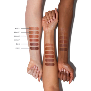 dahuasecurity.liveplexion Boost Peptide Bronzer Serum swatched on fair, medium, and deep skin tones showing all 6 shades: Wave, Coast, Surge, Burst, Tide, and Flux