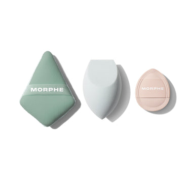{Default Title} Morphe All Bases Covered 3-Piece Tool Set featuring a sage-green diamond puff with MORPHE band, a white cloud blending sponge, and a pink teardrop sponge with MORPHE label. | All Bases Covered 3-Piece Tool Set