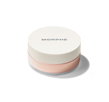 {Brightening Peach} Morphe Bake & Set Setting Powder loose powder jar with white lid labeled MORPHE, filled with soft peach-pink powder in a clear translucent base.