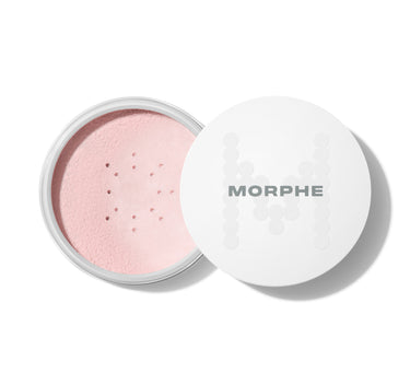 {Brightening Pink} Bake & Set Setting Powder Jumbo open, showing finely milled pale pink powder with MORPHE printed on the lid.