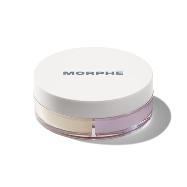 {Bright Balance} Morphe Bake & Set loose setting powder quad in round white compact showing translucent and lavender color-correcting shades