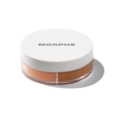 {Rich Harmony} Morphe Bake & Set loose setting powder quad in round white compact showing warm peach and sienna color-correcting shades for deep skin tones
