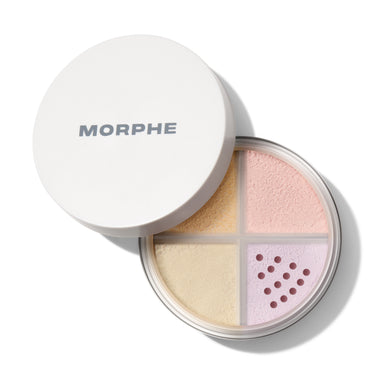 {Bright Balance} Morphe Bake & Set Loose Powder Quad: four color-correcting shades — yellow, pink, lavender, and translucent — in a round compact with sifter | Bake & Set Loose Powder Quad