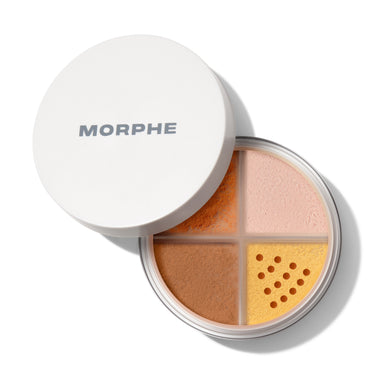 {Rich Harmony} Morphe Bake & Set Loose Powder Quad with four color-correcting shades — peach, pink, warm brown, and yellow — in a round compact with sifter | Bake & Set Loose Powder Quad | Secondary image