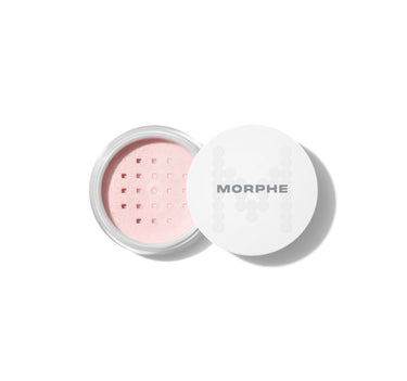 {Brightening Pink} Open Morphe Mini Bake & Set Soft-Focus Setting Powder jar showing pink loose powder under sifter, white MORPHE lid. | Mini Bake & Set Setting Powder | Secondary image