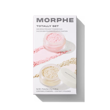 Morphe Totally Set Mini Brighten & Set Powder Duo carton with MORPHE branding showing pink and cream powder jars and swatches, 2.6 g, 2 powders.