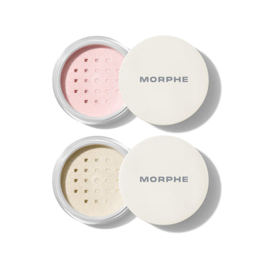 Morphe Totally Set Mini Brighten & Set Powder Duo: two open jars showing pink Brightening Pink and cream Translucent powders with white MORPHE lids. | Totally Set Mini Brighten & Set Powder Duo