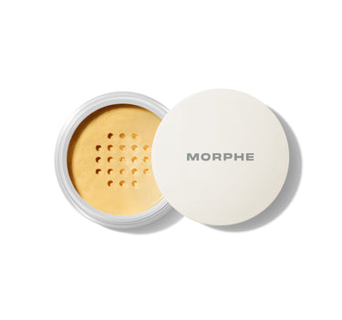 {Banana Rich} Deep yellow Morphe Bake A Set Setting Powder open in clear container with bake holes pattern and white MORPHE lid.