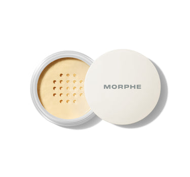 {Banana} Morphe Bake & Set Setting Powder open jar showing warm yellow banana loose powder with sifter holes beside cream lid printed with MORPHE.