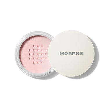 {Brightening Pink} Opened jar of Morphe Bake & Set Setting Powder in Brightening Pink with sifter, clear container, and cream MORPHE lid.