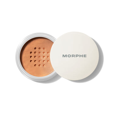 {Translucent Rich} Open Morphe Bake & Set Setting Powder loose powder jar showing warm peach-beige powder with dimpled texture and MORPHE-printed lid.