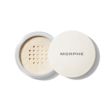 Open Morphe Bake & Set Setting Powder jar in Translucent shade with cream loose powder and sifter, MORPHE on lid. | Bake & Set Setting Powder