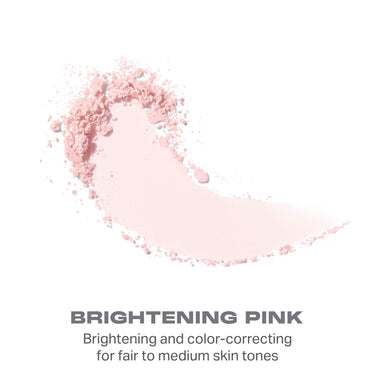 {Brightening Pink} Morphe Mini Bake & Set Soft-Focus Setting Powder swatch in Brightening Pink with text: brightening and color-correcting for fair to medium skin tones.