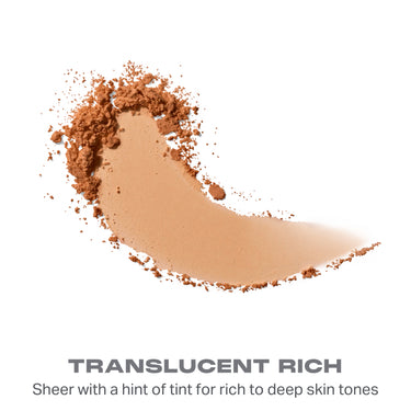 {Translucent Rich} Bake & Set Setting Powder powder smear swatch with text "TRANSLUCENT RICH — Sheer with a hint of tint for rich to deep skin tones."