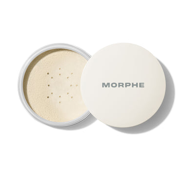 Open Morphe Jumbo Bake & Set Soft-Focus Setting Powder jar showing Translucent loose powder under sifter, white MORPHE lid. | Jumbo Bake & Set Setting Powder - Translucent