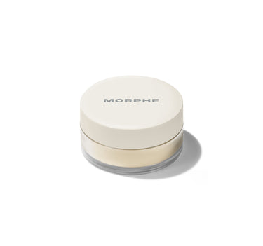 {Translucent Mini} Closed Morphe Mini Bake & Set Soft-Focus Setting Powder jar with cream-white MORPHE lid showing Translucent powder beneath.