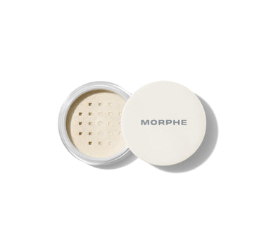 {Translucent Mini} Open Morphe Mini Bake & Set Soft-Focus Setting Powder jar showing translucent loose powder under sifter, white MORPHE lid. | Mini Bake & Set Setting Powder