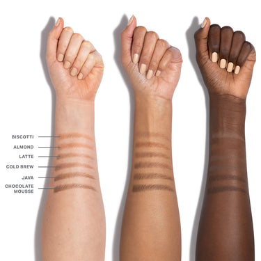 Nano Brow Pencil arm swatches across three skin tones showing shades: Biscotti, Almond, Latte, Cold Brew, Java, Chocolate Mousse.